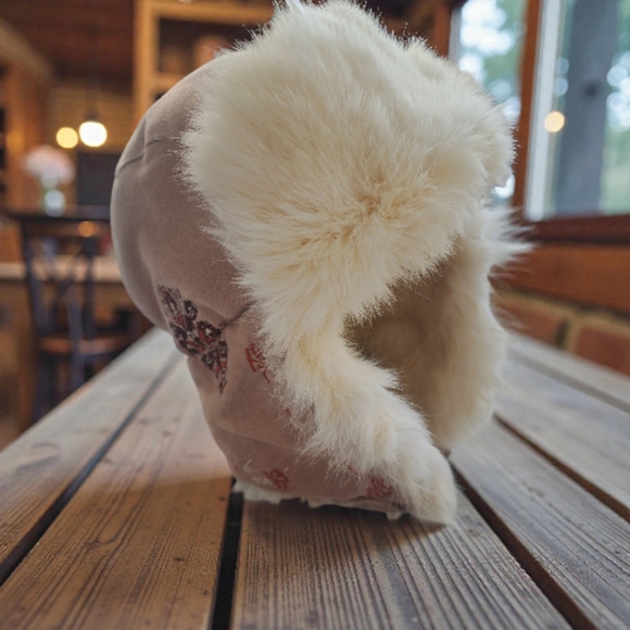 White Rabbit Fur Embroidered Aviator Trapper Hat - Tan - Picture 2 of 10